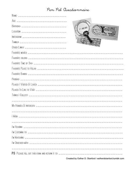 printable  pal questionnaire penpal  pal letters