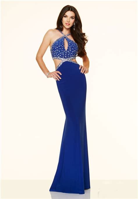sexy side cut out long royal blue jersey beaded prom dress with straps