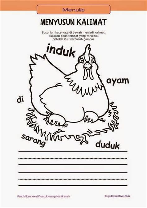 belajar membaca and menulis anak tk sd menyusun kata menjadi kalimat and mewarnai gambar ayam