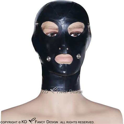 Black Sexy Latex Hood With Zipper At Back And Buttons Open Mouth Nose