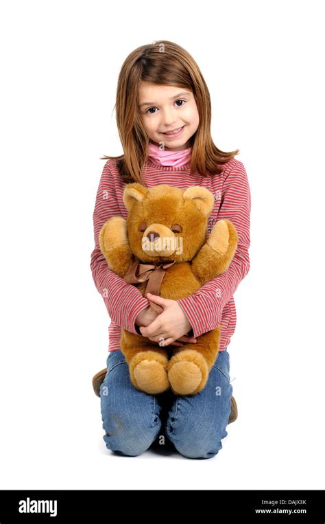 young girl posing  teddy bear stock photo alamy