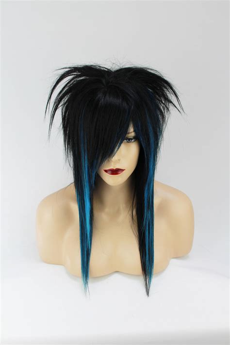 black and blue human hair emo long wig uni sex one size