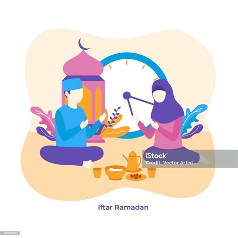 muslim man and woman praying to allah together during iftar eat time