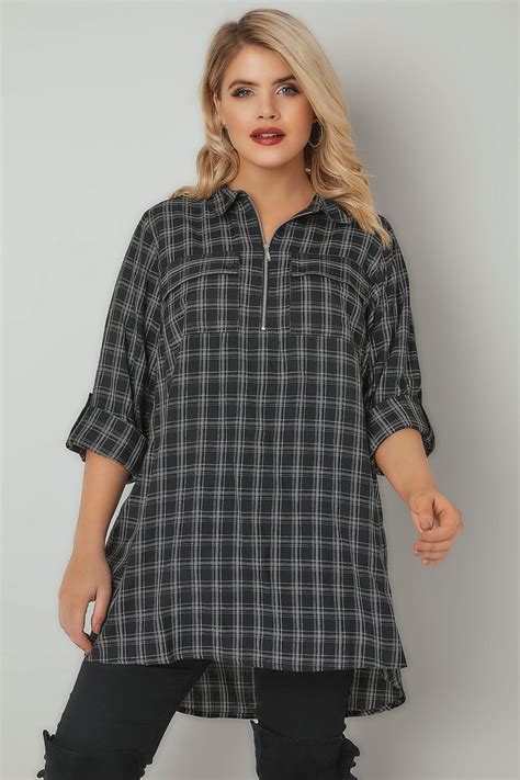 black and white checked shirt with metallic thread and zip front plus size 16 to 36