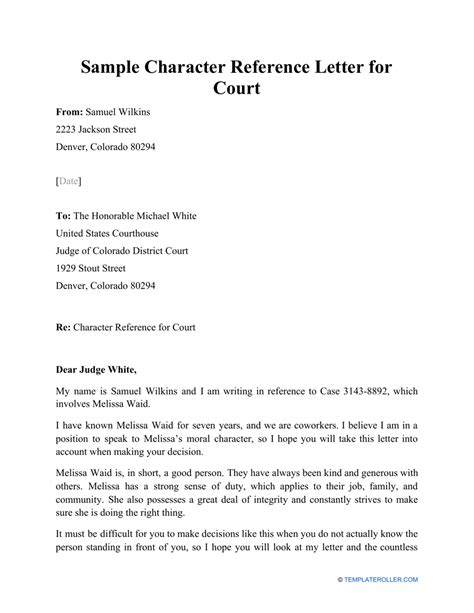 sample character reference letter  court  printable