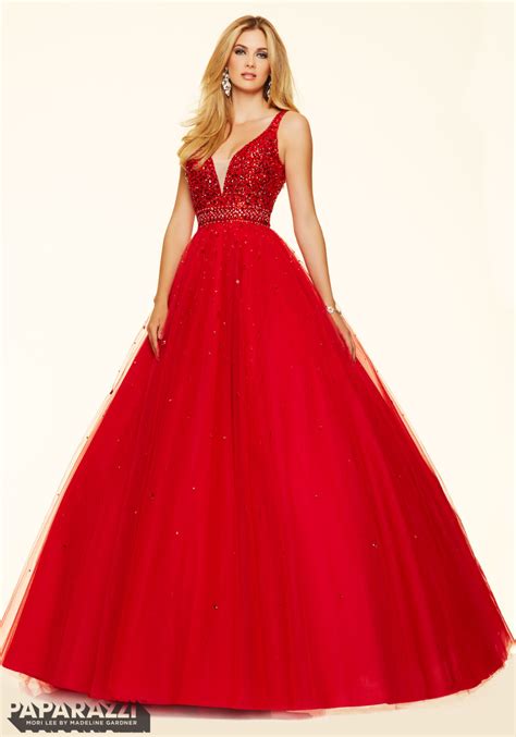 jeweled beading  tulle mori lee prom dress style  morilee