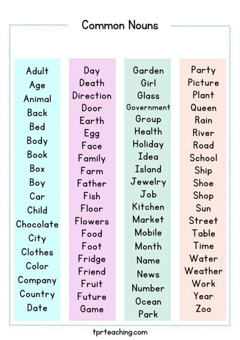 common nouns list  english  meanings tpr teaching