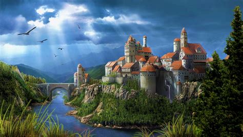 river bridge landscape fantasy castle hd wallpaper