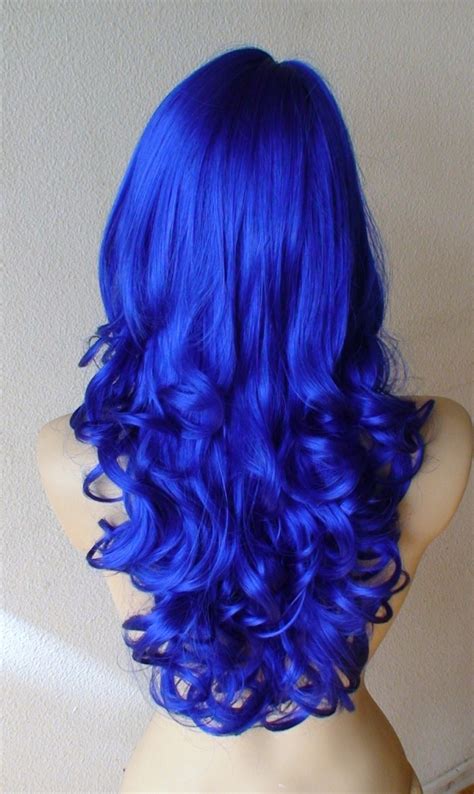 blue wig long curly blue hair wig royal blue costume wig etsy