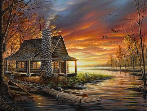 rustic lake cabin art print landscape paintings cabin art nature