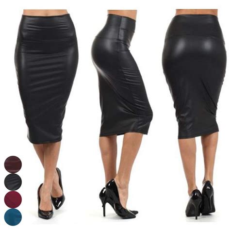 newly women high waist faux leather pencil skirt bodycon skirt solid