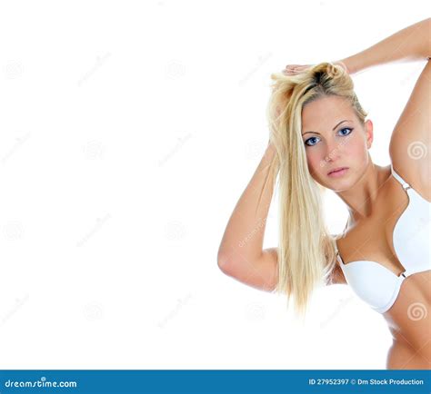 Pretty Blonde Girl Posing In White Bra Stock Image Image Of Glamour