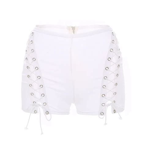 Sexy Side Lace Up Denim Shorts Women Hollow Out Pocket White Short