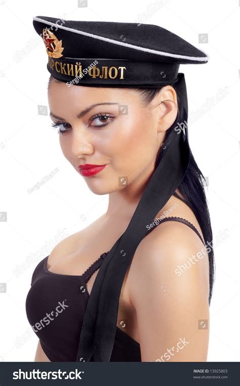 seductive brunette wearing russian sailor s cap stock