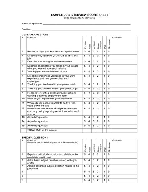 sample job interview score sheet  word   formats