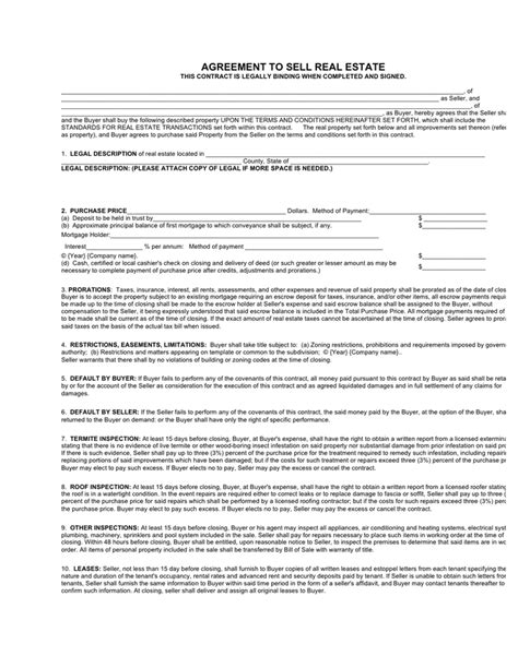 agreement  sell real estate template  word   formats