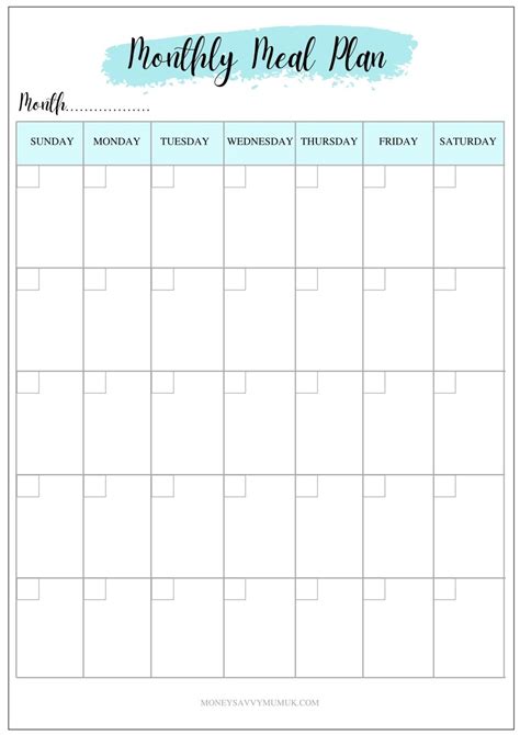 monthly meal planner printable  money savvy mum uk
