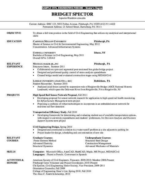 resume  master degree civil engineering  resume sample