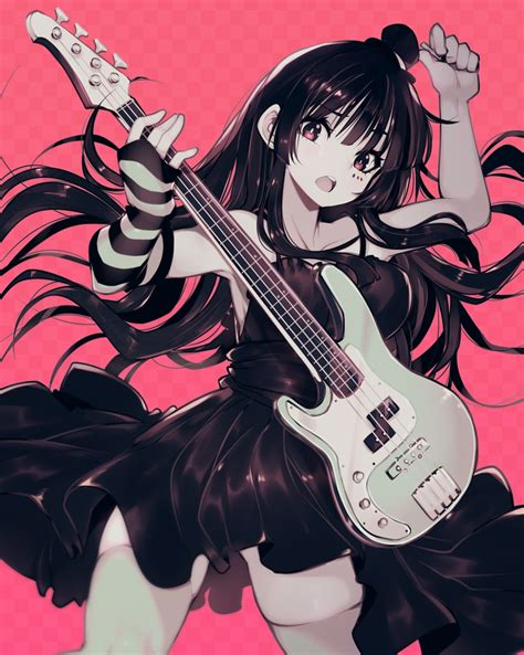 safebooru 1girl akiyama mio bangs bass guitar black dress bouncing
