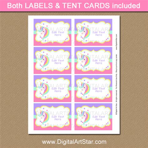 unicorn party supplies printable labels place cards digitalartstar