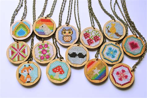 mini cross stitch motif stitched   wooden pendant carry  sweet piece  miniature cross