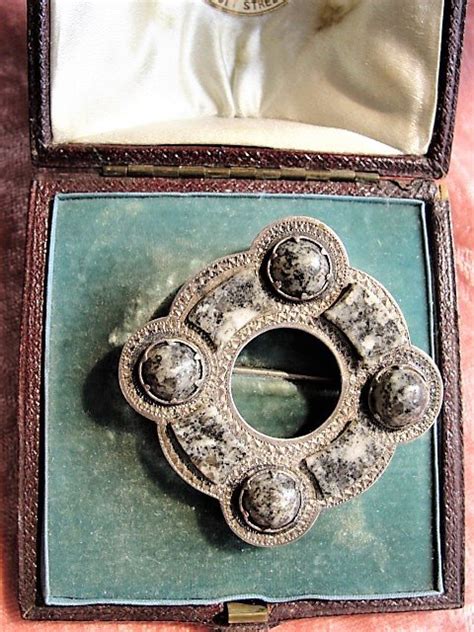 beautiful antique scottish sterling silver  granite stones brooch