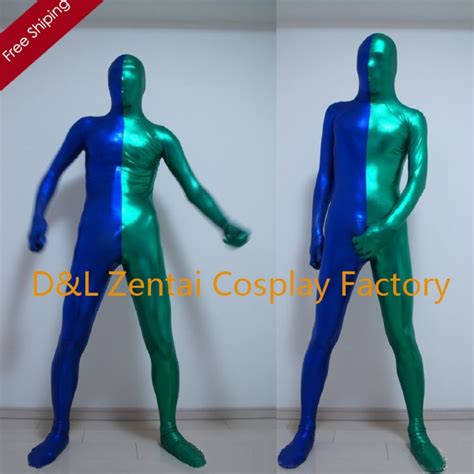 free shipping dhl sexy costume half blue and red shiny metallic full body