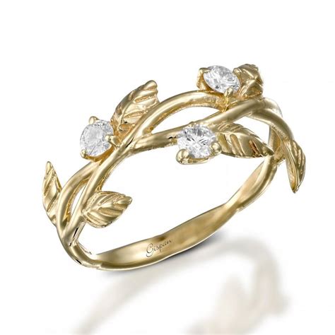 leaves engagement ring art deco engagement ring  yellow gold ring