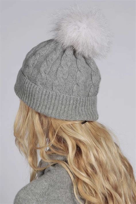 Light Grey Pure Cashmere Fur Pom Pom Cable Knit Beanie Hat Italy In