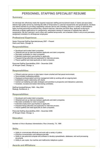 sample personnel staffing specialist resume