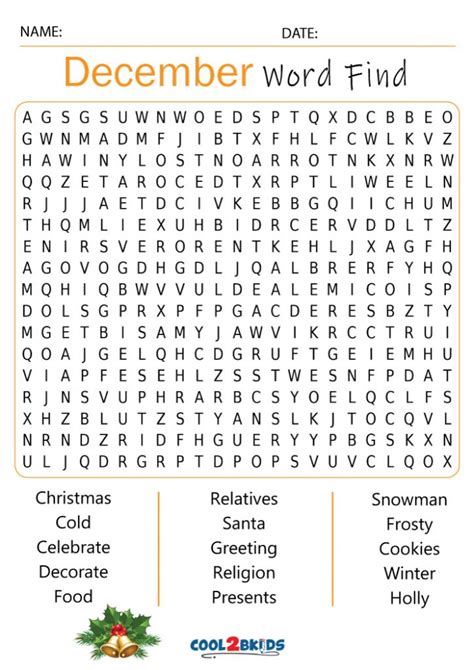 printable december word search coolbkids