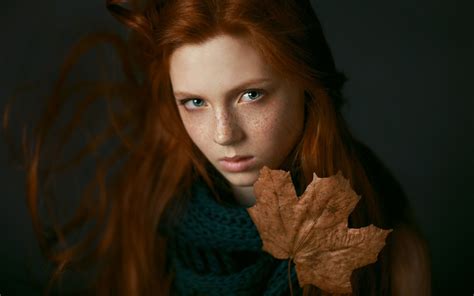 redhead women leaves blue eyes long hair freckles face