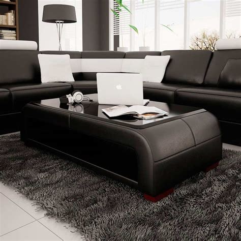 Modern Black Bonded Leather Coffee Table With Glass Top