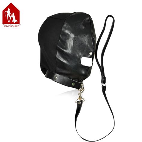 davidsource black leather hood with leash breathable mask transvestite