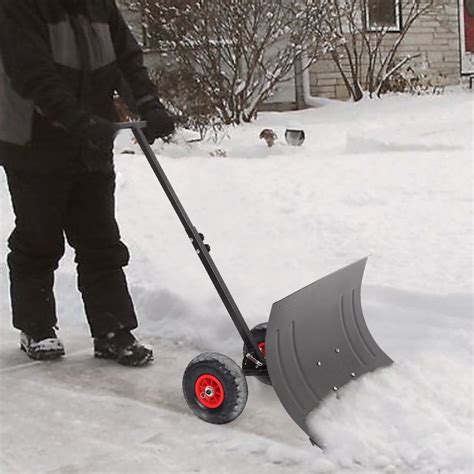 rolling snow pusher wheeled snow shovel   wheels  adjustable handle snow removal