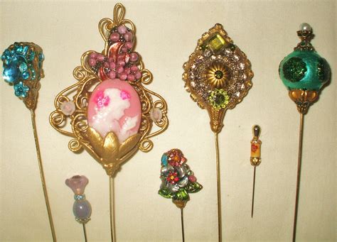 7 antique style hat pins with vintage and antique pieces