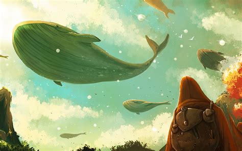 fantasy flying whales wallpaper