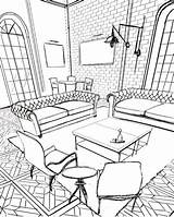 Coloring Interior Pages Adult Colouring Drawing Architecture Sketch House Perspective Sketches Room Books Drawings sketch template