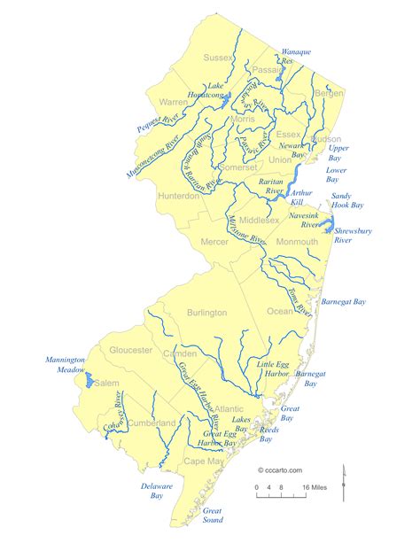 state   jersey water feature map  list  county lakes rivers