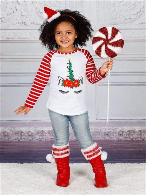 girls christmas themed long striped raglan sleeve unicorn top