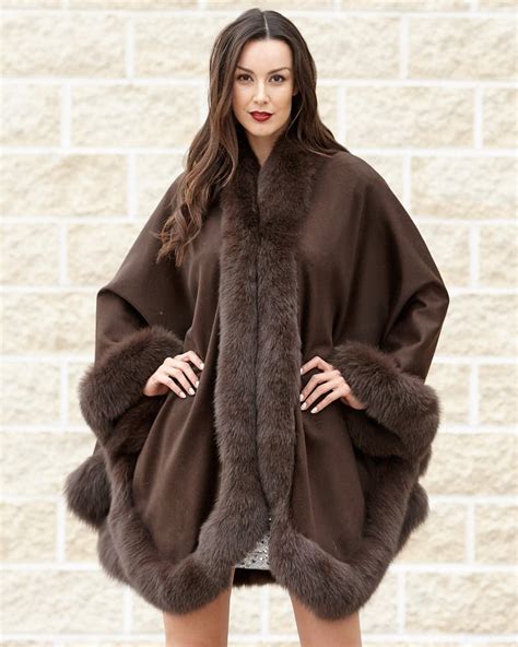classic cashmere cape  fox fur trim  chocolate furhatworldcom