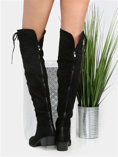 thigh high side lace boots black shein sheinside