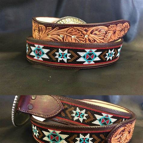 custom tooled  beaded inlay western leather belts