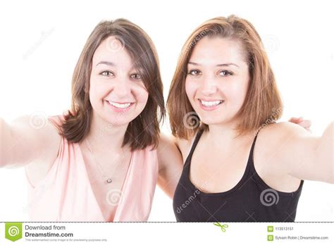 Excited Cheerful Smiling Young Beautiful Girls Lesbian Taking Selfie
