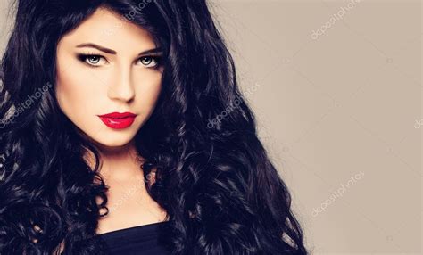 Dark Haired Woman Brunette Girl With Curly Hair And Makeup Fas