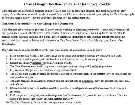 Care Manager Job Description As A Healthcare Provider
