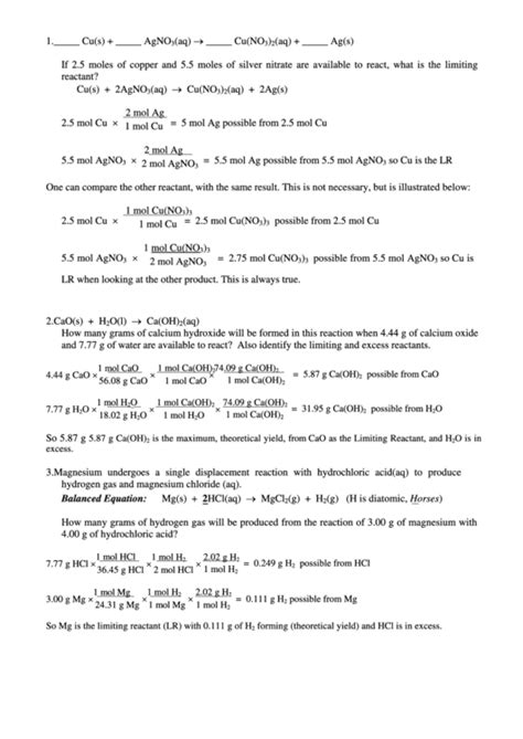 chemical calculations worksheet printable