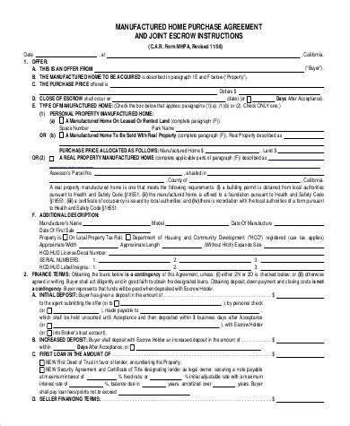mobile home purchase contract sample  template