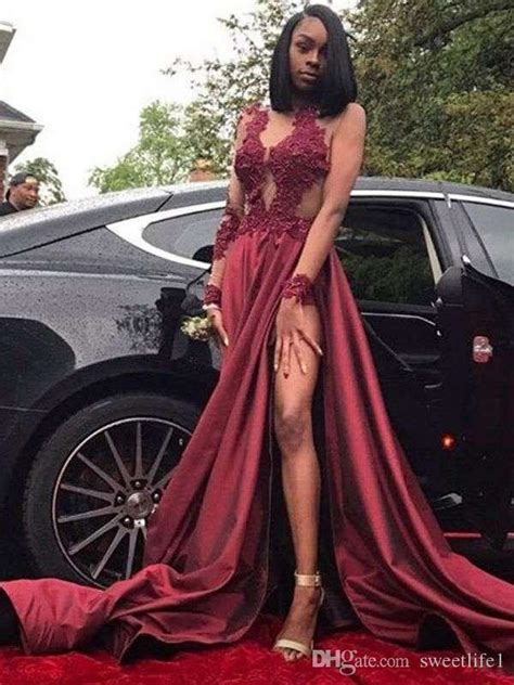 2019 black girls long sleeve prom dresses burgundy sexy