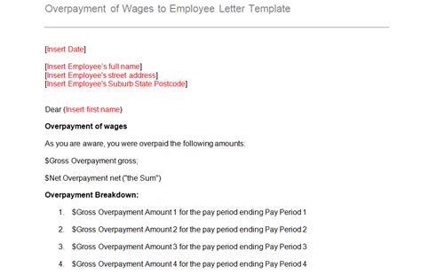 template letter  overpayment  wages  employee multiple